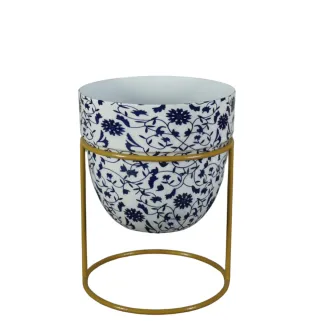 Blue Floral Metal Pot With Stand